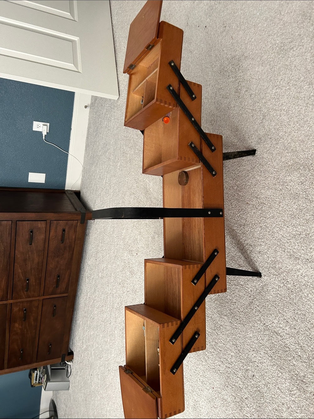 Vintage Wooden Sewing Box with Black Accents and feet. - Picture 3 of 15